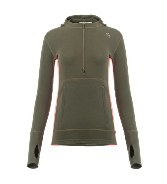 WarmWool hoodsweater w/zip W's Olive Night / Spiced Coral XS 