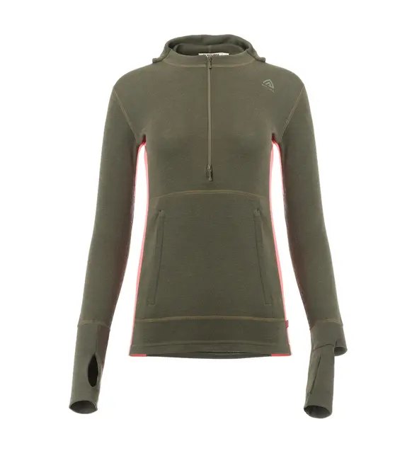 WarmWool hoodsweater w/zip W's Olive Night / Spiced Coral XS 